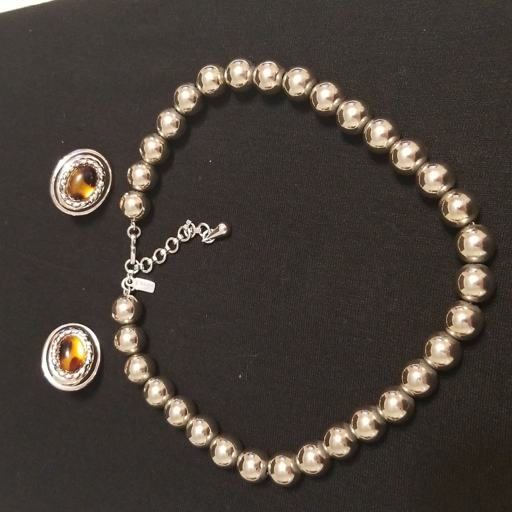 VINTAGE Silver Beaded MONET Necklace FREE CLIP-ON EARRINGS